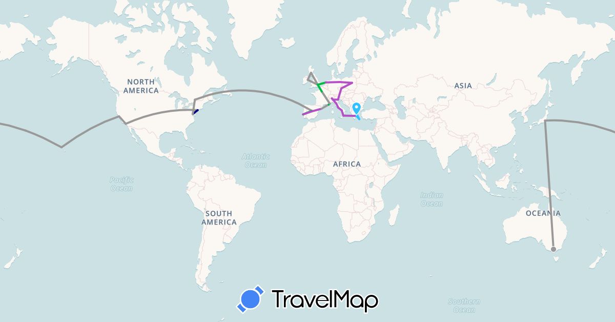 TravelMap itinerary: driving, bus, plane, train, boat in Australia, Canada, Czech Republic, Germany, Spain, France, United Kingdom, Greece, Ireland, Italy, Japan, Netherlands, Poland, Portugal, United States, Vatican City (Asia, Europe, North America, Oceania)